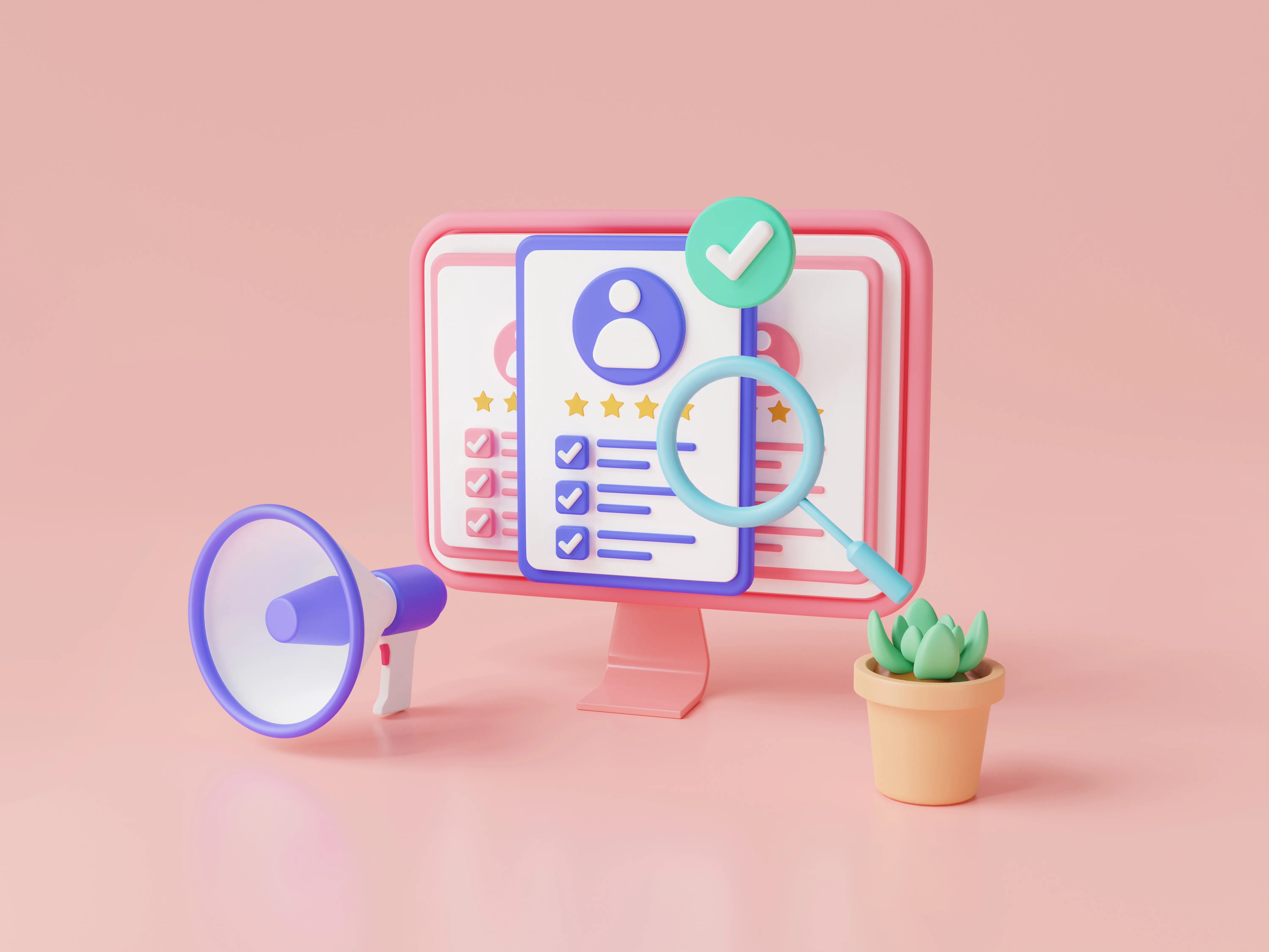 3D-Illustration mit Bildschirm, Bewerberprofilen, Lupe und Megafon