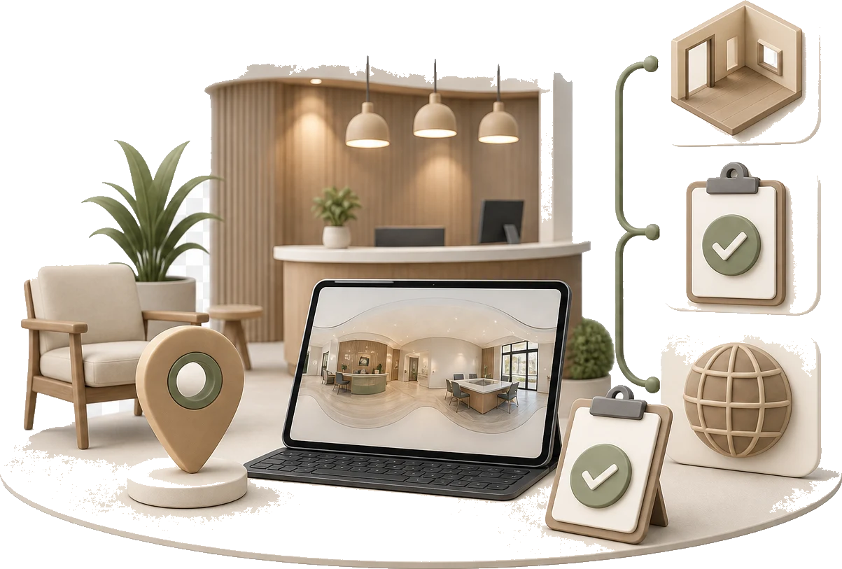 Soft-3D-Visual mit vorbereitetem Kundenbereich, Tablet-Panorama, Standort-Pin und Freigabe-Symbol für den Ablauf eines 360° Rundgangs