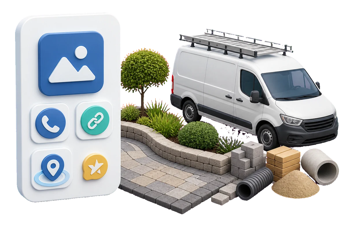 Soft-3D-Visual mit Projektfläche, Servicefahrzeug und abstrakter Profilkarte für Fotos, Bewertungen, Anruf, Website-Link und Servicegebiet