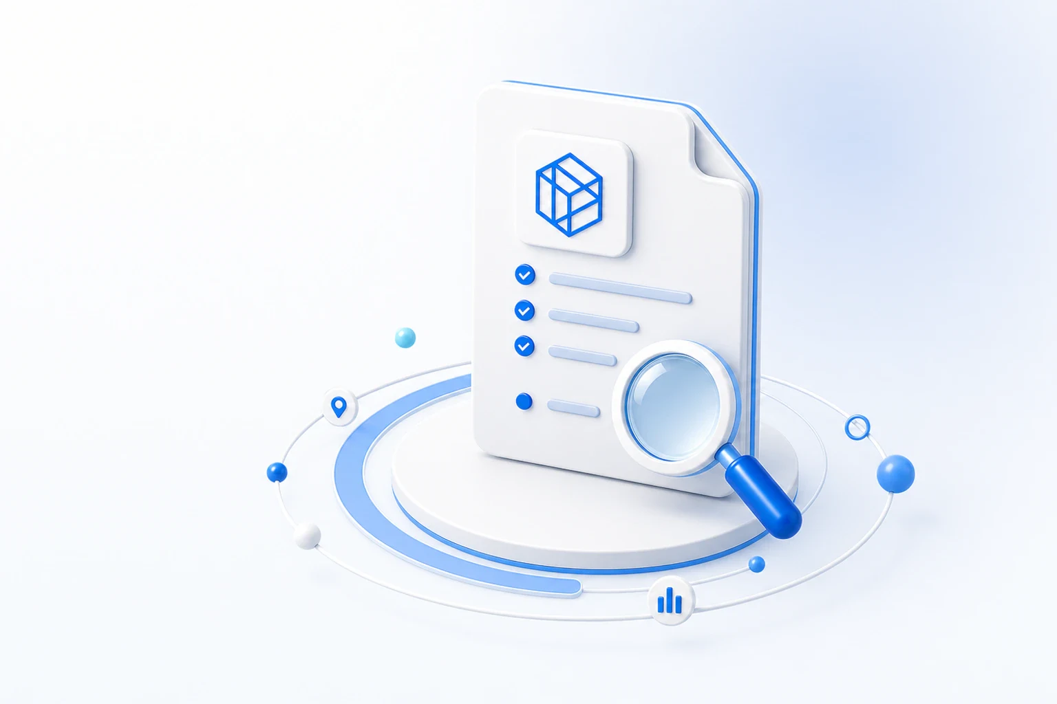 Soft-3D-Illustration eines Wissensdokuments mit Lupe als Symbol fuer TrustFokus Guides.